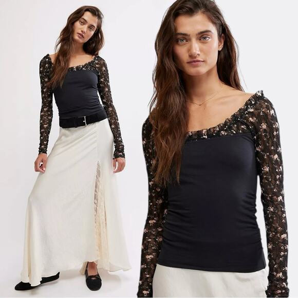 Free People Dainty Coquette Scoop Neck Josie Long Lace Sleeve Top Black Large